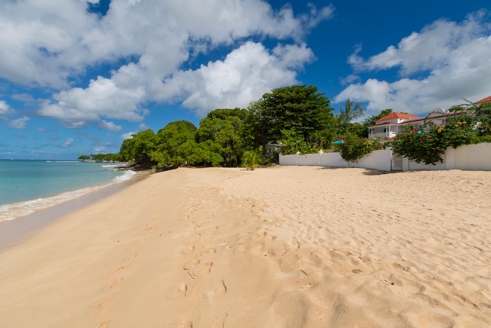 Idyllic Barbados beach with clean sand, turquoise waters and tropical trees in the distance